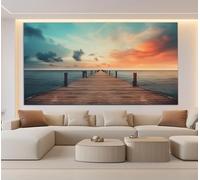 LMYCHENG Tableau de pont en bois, paysage de coucher de soleil sur la mer, affiches et impressions de cabine de plage, pour salon, décoration murale (50 x 100 cm/cadre intérieur)