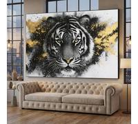 LMYCHENG Tableau représentant un majestueux visage de tigre, impression noir et or, portrait d'animal sauvage, peinture à l'huile sur toile (60x90cm/sans cadre)