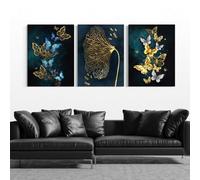 LMYCHENG Tableau sur toile Papillons bleus et or : Triptyque d'affiches et d'impressions pour la décoration du salon (50 x 70 cm x 3 / Cadre intérieur)