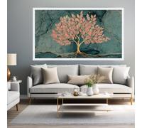 LMYCHENG Tableau sur toile représentant un arbre aux branches dorées, des feuilles roses et un fond en marbre bleu. Œuvre d'art sur toile inspirée de la nature (30 x 50 cm/Cadre intérieur).