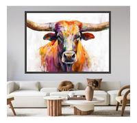 LMYCHENG Tableau sur toile représentant un taureau Longhorn coloré, portrait animalier, impression rustique sur toile, décoration de salon style ferme (20 x 30 cm/cadre intérieur)