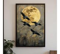 LMYCHENG Tableau sur toile représentant une grue en vol, grandes affiches et impressions ciel de lune dorée, peinture d'oiseau Japandi, décoration bohème pour chambre ou salon (80x120cm/sans cadre)