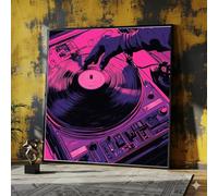 LMYCHENG Toile style platine vinyle rétro DJ, art mural néon musical, décoration audio vintage, peinture sonore rose et violette, moderne (45x45cm/cadre intérieur)