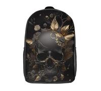 LMYmoney Sac à dos noir avec tête de mort et fleurs dorées pour enfants, sac d'école tendance imprimé en 3D, pour garçons, élèves du primaire et du collège, 43 cm