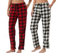 LNFINTDO Lot de 1 à 2 pantalons de pyjama pour femme - Long - À carreaux - En polaire - Vêtement de nuit - Doux - Pantalon de loisirs - Pyjama de Noël avec poches, L