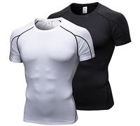 LNFINTDO Lot de 2 Tee Shirt Compression Homme Manches Courtes Tshirt Running Homme Vetement de Fitness Gym Compression Maillot T-Shirt Baselayer pour Sports Jogging Musculation Gym