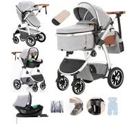 Lnhcrbs Poussette 3 en 1 avec base ISOFIX & Siège Auto, Stroller Bébé Compacte Réglable en hauteur, Poussette Face Parents - Inclut Moustiquaire, Sac Pour Maman, Porte-Biberon-Pour 0-4 ans,Gris clair