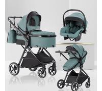 Lnhcrbs Poussette 3 en 1 avec Nacelle, Poussette de Voyage's Nacelle est Pliable, Trio Poignée est Réglable, les Roues sont en Matériau PU, pour Enfant de la Naissance à 3 Ans-Bleu Vert