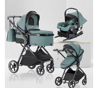 Lnhcrbs Poussette 3 en 1 avec Nacelle, Poussette de Voyage's Nacelle est Pliable, Trio Poignée est Réglable, les Roues sont en Matériau PU, pour Enfant de la Naissance à 3 Ans-Bleu Vert