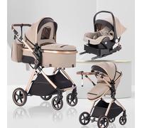 Lnhcrbs Poussette 3 en 1 avec Nacelle, Poussette de Voyage's Nacelle est Pliable, Trio Poignée est Réglable, les Roues sont en Matériau PU, pour Enfant de la Naissance à 3 Ans-Kaki-Beige