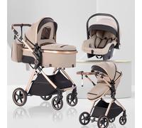 Lnhcrbs Poussette 3 en 1 avec Nacelle, Poussette de Voyage's Nacelle est Pliable, Trio Poignée est Réglable, les Roues sont en Matériau PU, pour Enfant de la Naissance à 3 Ans-Kaki-Beige