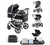 Lnhcrbs Poussette 3 en 1, Cadre de Poussette Trio en Aluminium, avec Pinces Pour Panier Nouveau-né, Stroller Pliable, Habillage Pluie, Moustiquaire, Convient à 0-48 mois, 22 kg, Noir