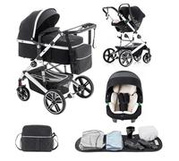 Lnhcrbs Poussette 3 en 1, Cadre de Poussette Trio en Aluminium, Panier pour Nouveau-né en Tissu 600D, Stroller Pliable, Habillage Pluie, Moustiquaire, Convient à 0-48 mois, 22 kg, Noir