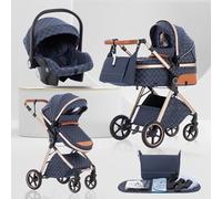 Lnhcrbs Poussette 3 en 1 - Compacte Avec Moustiquaire et Housse de Pluie Poussette Évolutive à Poignée Réglable, Équipée de Roues en PU. Idéale pour les Voyages et Adaptée de la Naissance à 3 Ans,Bleu
