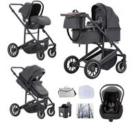 Lnhcrbs Poussette 3 en 1, Gris - Ensemble Poussette Et Siège Auto, Pram Bebe Confort Avec Poignée Réglable, Panier de Couchage Et Siège Auto Avec Couvre-Pieds, 0-4 Ans