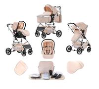 Lnhcrbs Poussette 3 en 1,Poussette Tout Terrain Pliable en Un Seul Clic, Poussette Bébé Haute Avec Panier de Couchage Élargi (38.5cm), Poussette Nouveau Né est Verrouillable Sur Les Roues Avant(Beige)
