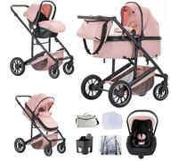 Lnhcrbs Poussette 3 en 1, Rose - Ensemble Poussette Et Siège Auto, Stroller Bebe Confort Avec Poignée Réglable, Cosy Nacelle Nouveau-Né Et Siège Auto Avec Couvre-Pieds, 0-4 Ans