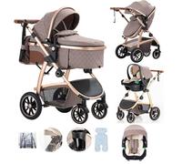 Lnhcrbs Poussette 3 en 1,Stroller Bébé Compacte Réglable en Hauteur Avec Siège Auto, Poussette Face Parents Avec Moustiquaires, Sac Pour Maman, Porte-Biberon pour les bébés de 0-4 ans,Kaki