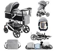 Lnhcrbs Stroller 3 en 1, Cadre de Poussette Trio en Aluminium, Panier pour Nouveau-né en Tissu 600D, Poussette Pliable, Habillage Pluie, Moustiquaire, Convient à 0-48 mois, 22 kg,Gris