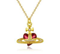 LNIEER Collier punk en forme de cœur Saturne pour femme, tendance baroque en oxyde de zirconium, pendentif d'amour, collier planète orbe, Plaqué or, Zircone cubique