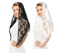 Lnngub Lot de 2 voiles de masse en dentelle triangle Mantilla voile catholique pour femme - Voile de chapelle avec franges - Voile d'église pour femme, noir/blanc, L