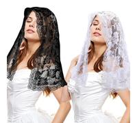 Lnngub Mantilla Lot de 2 foulards catholiques en dentelle pour femme, voiles de masse pour église, catholique, première communion, voile en dentelle florale pour femme (noir, blanc), noir/blanc