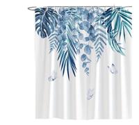 LNNXSZ Rideau Douche 1 Tropical Leaves and Butterflies Shower Curtain - Light Blue Green Watercolor Botanical Pattern with Hooks Machine Washable(140x200cm)