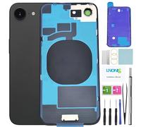 LNONLS 16e Verre arrière de rechange pour iPhone 16e avec cadre étanche et objectif d'appareil photo + kit d'outils de réparation professionnel (noir)