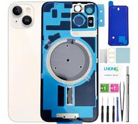 LNONLS Verre arrière de rechange pour iPhone 14 avec cadre étanche et objectif d'appareil photo + kit d'outils de réparation professionnel (lumière étoilée/blanc)