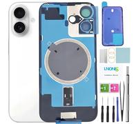 LNONLS Verre arrière de rechange pour iPhone 16 avec cadre étanche et objectif d'appareil photo + kit d'outils de réparation professionnel (blanc)