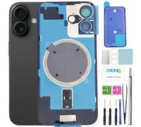 LNONLS Verre arrière de rechange pour iPhone 16 avec cadre étanche et objectif d'appareil photo + kit d'outils de réparation professionnel (noir)