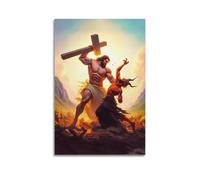 LNSIZH Poster religieux Jésus tenant une croix contre le diable - Impression sur toile - Décoration murale moderne pour chambre à coucher (60 x 90 cm)