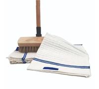 LNT France - Balai Brosse en Bois + 5 Serpillères autofixe 50x50cm, Fabriquées en France, très résitants. Manche de 130 cm.