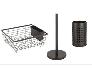 LNT France - Égouttoir à Vaisselle en métal Noir Mat pour évier avec Support à Couverts, Support à Vaisselle en Acier Inoxydable pour évier, Egouttoir Moderne (Egouttoir + Pot + Porte sopalin)