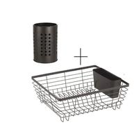 LNT France-Égouttoir vaisselle métal noir mat pour évier avec support à couverts et pot à couvert en acier inoxydable pour évier