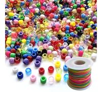 Lnvision Lot de 1000 perles pony de 6 x 8 mm en acrylique transparent à grand trou et 50 m de ligne de couleur pour bijoux