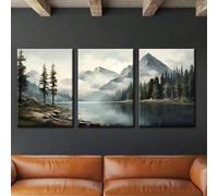LNwnmyyg Triptyque sur toile représentant un lac de montagne - Paysages naturels avec pins, cascades et montagnes - Impression sur toile pour salon (40 x 60 cm x 3 / Sans cadre)