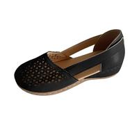 Loafer Sandales plates d'été pour femme Mocassins confortables Ballerines légères et élégantes à enfiler Chaussures d'été creuses respirantes en cuir Tricot Chaussures de marche Sangle réglable, Noir