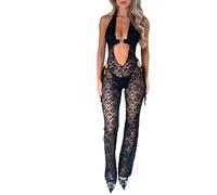 Loalirando Combi Femme Bodycon Combinaison Ensemble Femme Sexy avec Découpe en Dentelle Transparente Bodycon Sans Manches Jumpsuit Dos Sans Dos Slim Fit Élégant, Noir dentelle, M