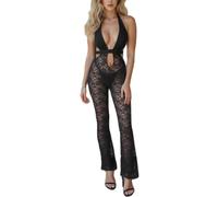 Loalirando Combi Femme Bodycon Combinaison Ensemble Femme Sexy avec Découpe en Dentelle Transparente Bodycon Sans Manches Jumpsuit Dos Sans Dos Slim Fit Élégant, Noir , M