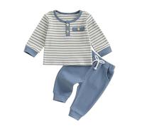 Loalirando Ensemble Bébé Garçon de 2 Pièces, Haut Rayé avec Boutons + Pantalon avec Cordon, Vêtements Confortables Infantile (3 mois à 3 ans) (Bleu, 3-6 Months)