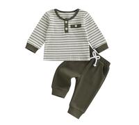 Loalirando Ensemble Bébé Garçon de 2 Pièces, Haut Rayé avec Boutons + Pantalon avec Cordon, Vêtements Confortables Infantile (3 mois à 3 ans)