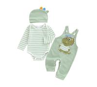 Loalirando Ensemble Bébé Garçon de 3 Pièces, Body Rayé + Salopette + Bonnet, Motifs Animaux (0-18 mois) (Vert, 6-9 Months)