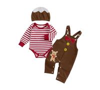 Loalirando Ensemble de Noël 3 Pièces pour Bébé, Body Rayé + Salopette + Bonnet, Motifs Festifs (0-18 mois) (Brun, 3-6 Months)