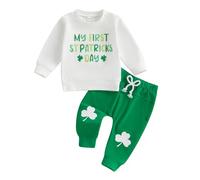 Loalirando Ensemble de vêtements pour bébé garçon My First St Patrick's Day Tenues Ensemble de vêtements à manches longues et col rond avec cordon de serrage Trèfle Vert, blanc, 6-12 mois