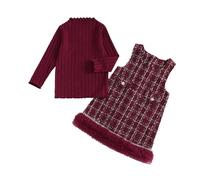Loalirando Ensemble Fillette Enfant Bébé Fille de 2 Pièces, Haut à Manches Longues + Robe en Carreaux avec Boutons Décoratifs (Bordeaux, 18-24 Months)