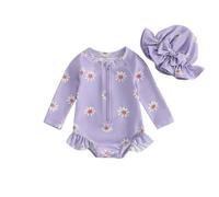 Loalirando Ensemble Maillot de Bain Bébé Fille Anti-UV avec Imprimé Marguerites, Haut Zippé et Bonnet Assorti (6 Mois-3 Ans) (Violet, 2-3 Years)
