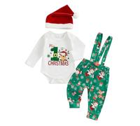 Loalirando Ensemble Noël Bébé 3 Pièces, Body 'My First Christmas', Salopette à Motifs, Bonnet de Père Noël (Vert Blanc, 0-3 Months)