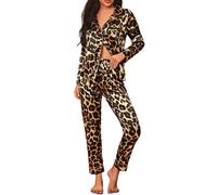 Loalirando Ensemble Pyjama Femme de 2Pcs en Satin Vêtement de Nuit Chic Elégant, Brun Léopard D, M