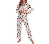 Loalirando Ensemble Pyjama Femme de 2Pcs en Satin Vêtement de Nuit Chic Elégant, Rose Cactus D, XL